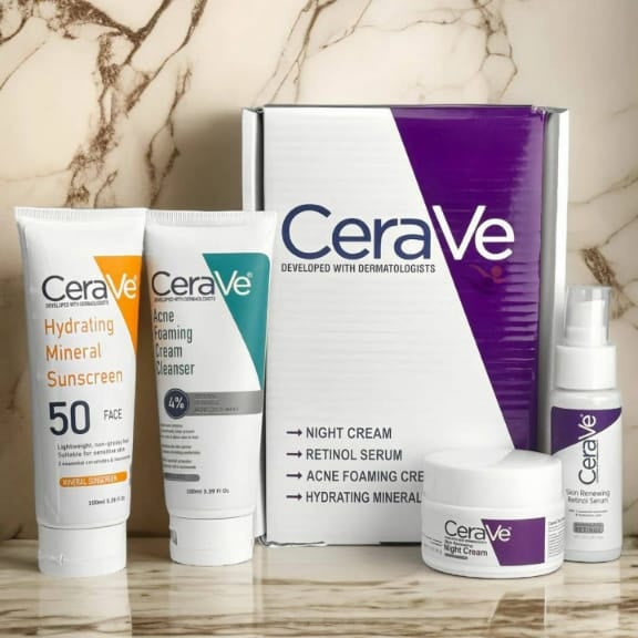 CERAVE 4-in-1 Skincare Kit | Face Cleanser, Night Cream, Retinol Serum & Sunscreen ( Original Kit)